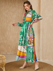 Mulvari Patchwork Print Lantern Sleeve Belted Dress - Multicolor - View 6