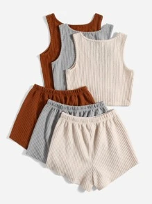 3pcs Waffle Knit Pyjama Set - Multicolor - View 2