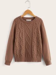 SHEIN Boys Cable Knit Crew Neck Jumper - Brown - View 1
