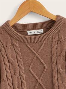 SHEIN Boys Cable Knit Crew Neck Jumper - Brown - View 3