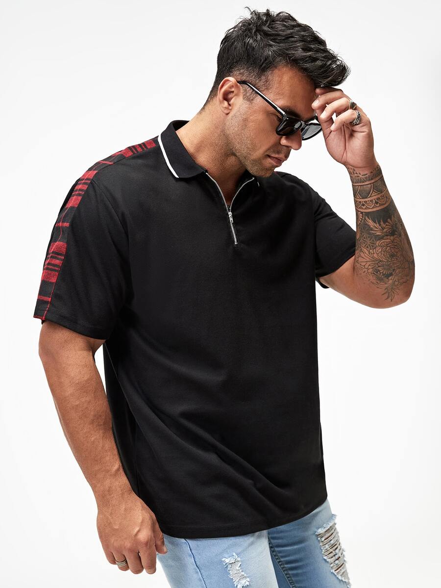 Manfinity Áo thun có cổ Nam Dây kéo Sọc ca rô Giải trí - màu đen - Xem 1