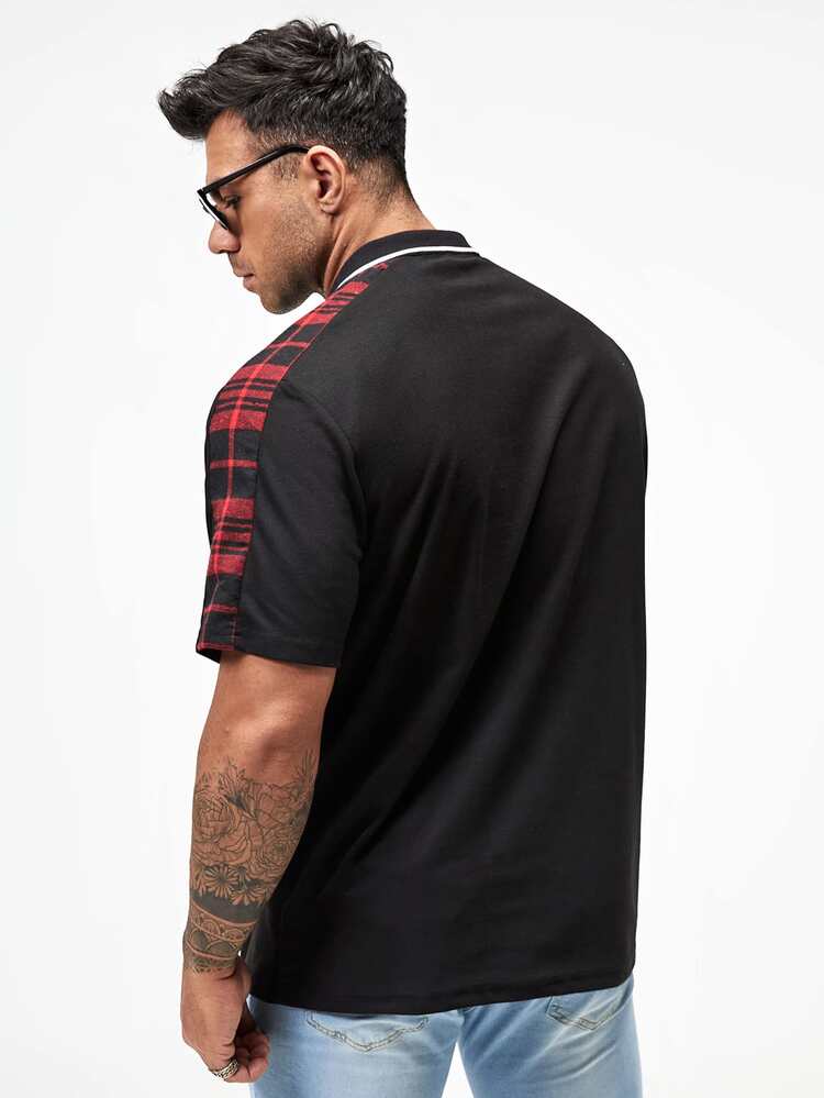 Manfinity Áo thun có cổ Nam Dây kéo Sọc ca rô Giải trí - màu đen - Xem 2