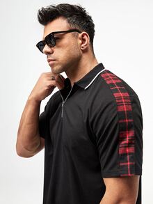 Manfinity Áo thun có cổ Nam Dây kéo Sọc ca rô Giải trí - màu đen - Xem 3