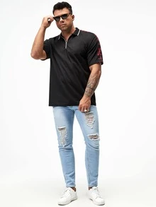 Manfinity Áo thun có cổ Nam Dây kéo Sọc ca rô Giải trí - màu đen - Xem 4