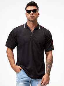 Manfinity Áo thun có cổ Nam Dây kéo Sọc ca rô Giải trí - màu đen - Xem 5