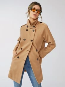 SHEIN Unity 插肩袖雙排釦開襟花呢外套 - 卡其色 - 查看 1