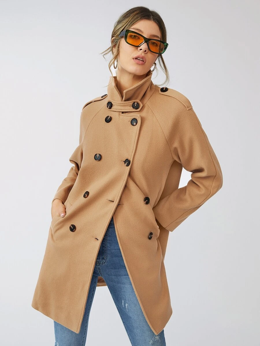 SHEIN Unity 插肩袖雙排釦開襟花呢外套 - 卡其色 - 查看 1