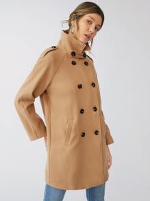 SHEIN Unity 插肩袖雙排釦開襟花呢外套 - 卡其色 - 查看 3