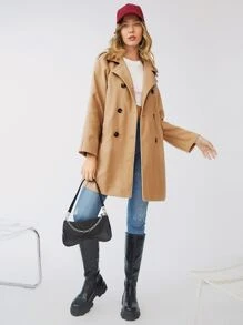 SHEIN Unity 插肩袖雙排釦開襟花呢外套 - 卡其色 - 查看 4