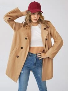 SHEIN Unity 插肩袖雙排釦開襟花呢外套 - 卡其色 - 查看 5