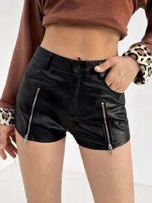 SHEIN 拉鏈細節亮面短褲 - 黑色 - 查看 1