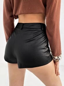 SHEIN 拉鏈細節亮面短褲 - 黑色 - 查看 2