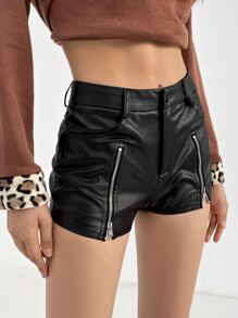 SHEIN 拉鏈細節亮面短褲 - 黑色 - 查看 4
