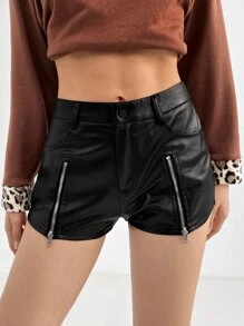 SHEIN 拉鏈細節亮面短褲 - 黑色 - 查看 5