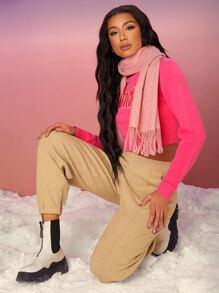 SHEIN Unity Elastic Waist Tapered Knit Trousers - Khaki - View 2