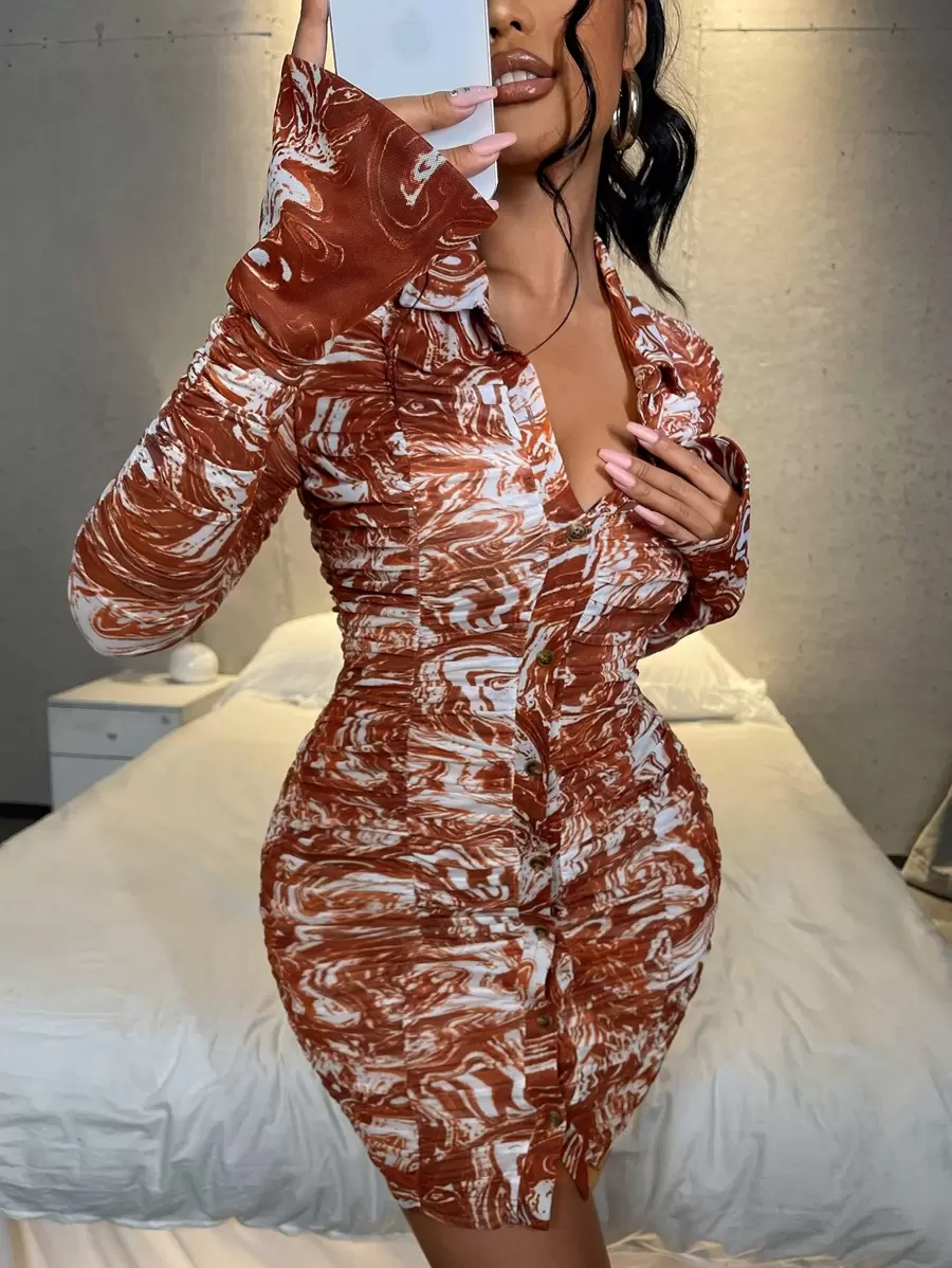 SHEIN SXY Đầm Xù Nút phía trước Đá hoa Gợi cảm - Nhiều màu - Xem 1