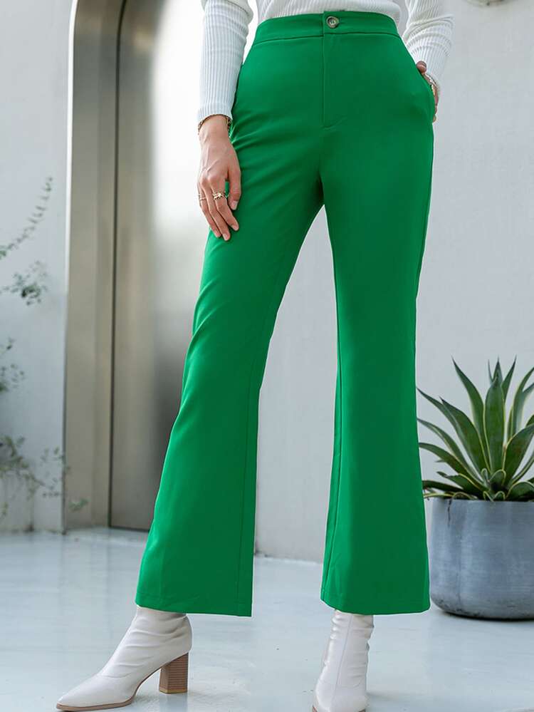 Simplee High Waisted Flare Leg Suit Trousers - Green - View 1