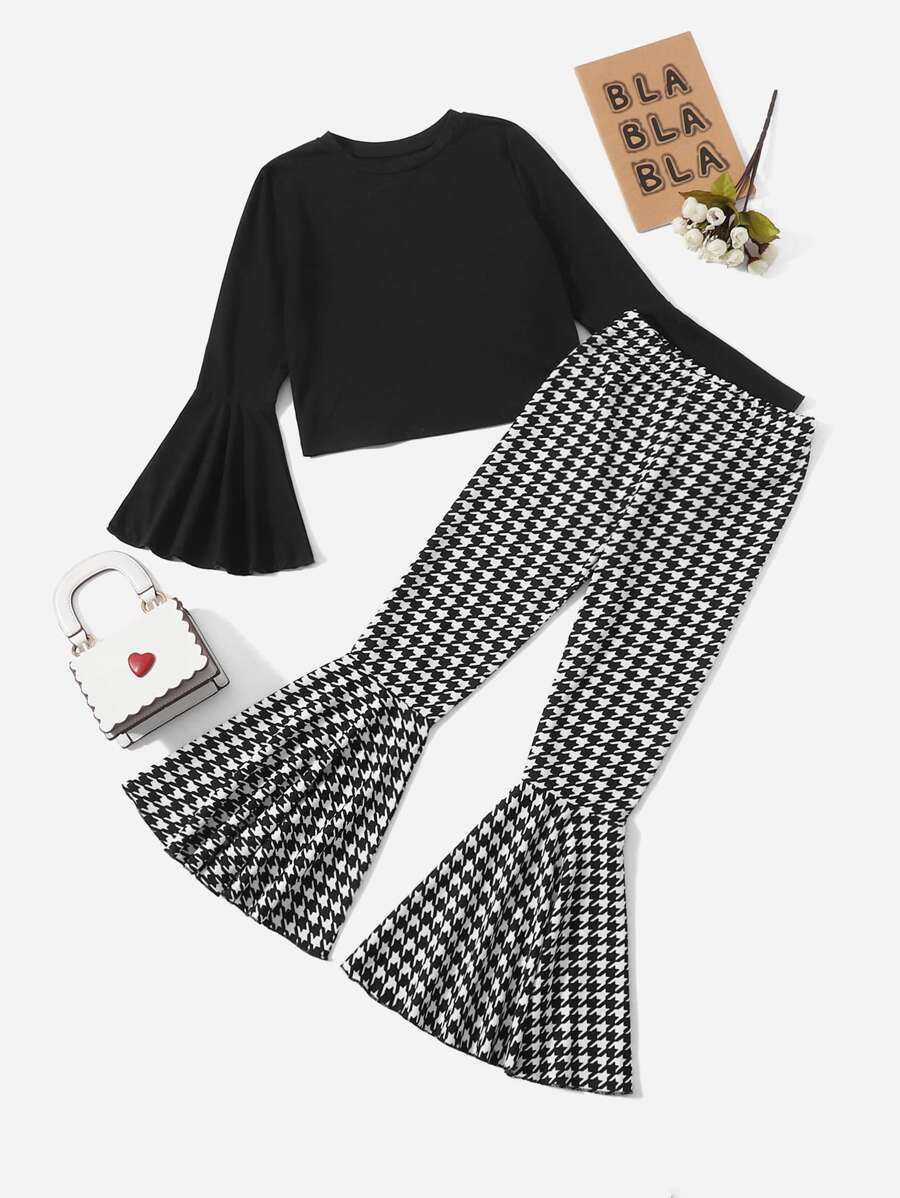 SHEIN Girls Bell Sleeve Top And Houndstooth Flare Leg Trousers Set - Black and White - View 1
