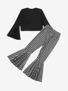 SHEIN Girls Bell Sleeve Top And Houndstooth Flare Leg Trousers Set - Black and White - View 2