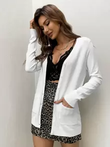 AAmilife Nữ Cardigans Túi Nút phía trước màu trơn Giải trí - trắng - Xem 1
