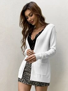 AAmilife Nữ Cardigans Túi Nút phía trước màu trơn Giải trí - trắng - Xem 7