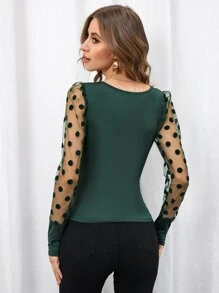 SHEIN Privé Áo nữ Tương phản Mesh Chấm bi Gợi cảm - Màu xanh lá cây đậm - Xem 2