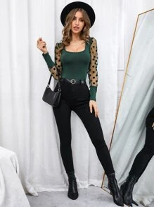 SHEIN Privé Áo nữ Tương phản Mesh Chấm bi Gợi cảm - Màu xanh lá cây đậm - Xem 5