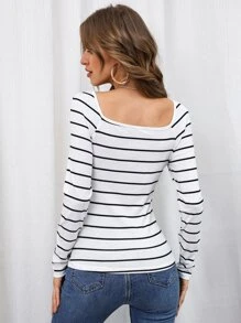 SHEIN Essnce Áo thun nữ Thắt nút Sọc Gợi cảm - trắng - Xem 2