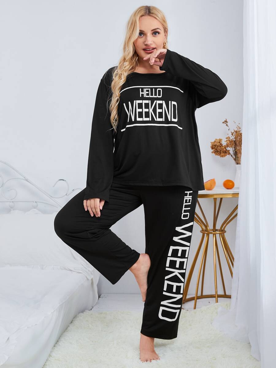 大碼字母圖案落肩袖睡衣套裝 - 黑色 - 查看 1