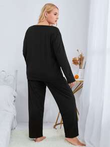 大碼字母圖案落肩袖睡衣套裝 - 黑色 - 查看 2