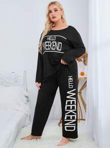 大碼字母圖案落肩袖睡衣套裝 - 黑色 - 查看 3