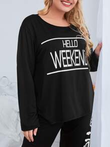 大碼字母圖案落肩袖睡衣套裝 - 黑色 - 查看 4