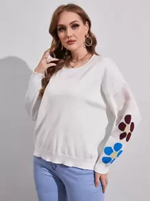 SHEIN Essnce 大碼花卉圖案落肩袖套頭毛衣 - 白色 - 查看 1