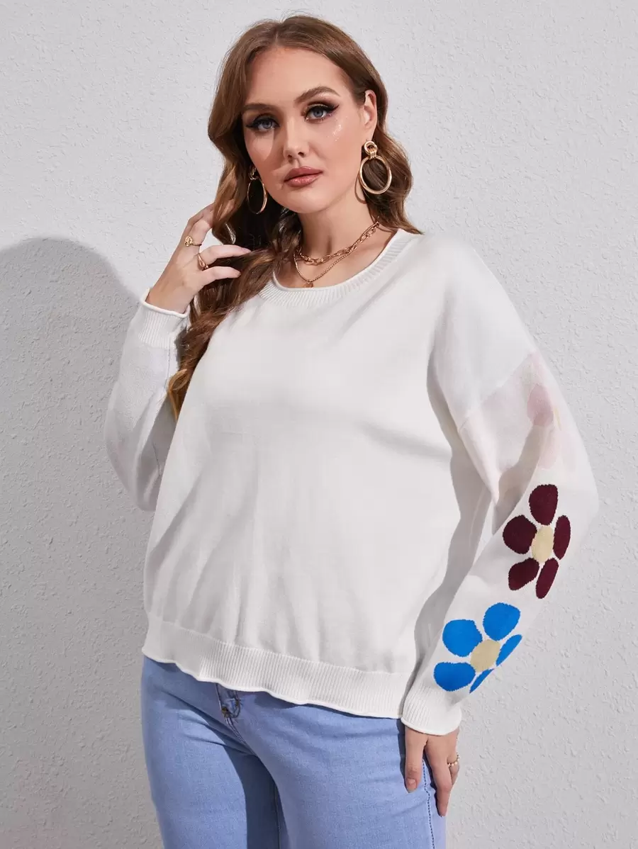 SHEIN Essnce 大碼花卉圖案落肩袖套頭毛衣 - 白色 - 查看 1