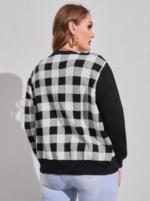 SHEIN Essnce 大碼格子圖案前紐扣開襟衫 - 黑與白 - 查看 2