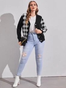 SHEIN Essnce 大碼格子圖案前紐扣開襟衫 - 黑與白 - 查看 3