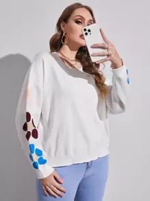 SHEIN Essnce 大碼花卉圖案落肩袖套頭毛衣 - 白色 - 查看 3