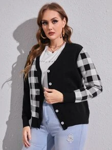 SHEIN Essnce 大碼格子圖案前紐扣開襟衫 - 黑與白 - 查看 4