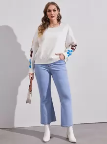 SHEIN Essnce 大碼花卉圖案落肩袖套頭毛衣 - 白色 - 查看 4