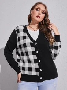 SHEIN Essnce 大碼格子圖案前紐扣開襟衫 - 黑與白 - 查看 5