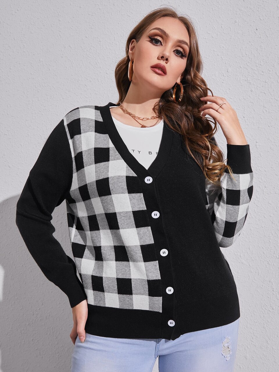 Plus Gingham Pattern Button Front Cardigan