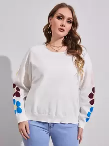 SHEIN Essnce 大碼花卉圖案落肩袖套頭毛衣 - 白色 - 查看 5