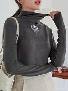 DAZY 字母圖案堆堆領T恤 - 深灰色 - 查看 1