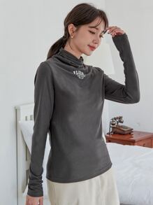 DAZY 字母圖案堆堆領T恤 - 深灰色 - 查看 3