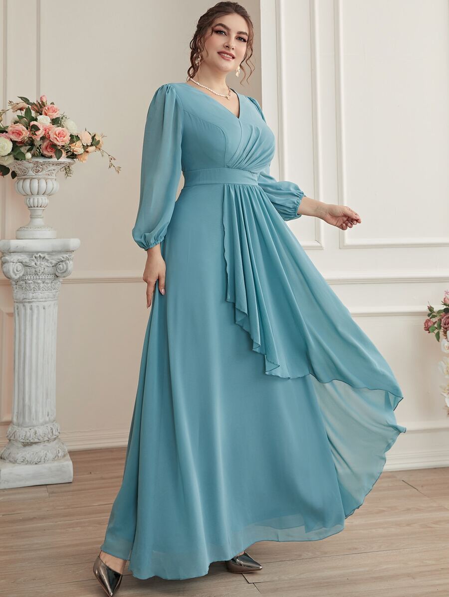 SHEIN Belle 大碼泡泡袖圍裹下擺超長雪紡伴娘洋裝 - 淺藍色 - 查看 1