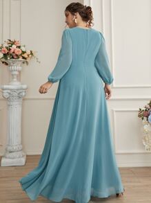SHEIN Belle 大碼泡泡袖圍裹下擺超長雪紡伴娘洋裝 - 淺藍色 - 查看 2