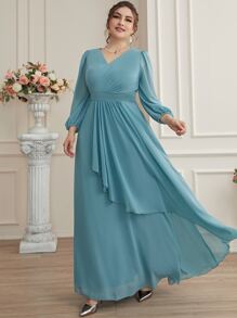 SHEIN Belle 大碼泡泡袖圍裹下擺超長雪紡伴娘洋裝 - 淺藍色 - 查看 4