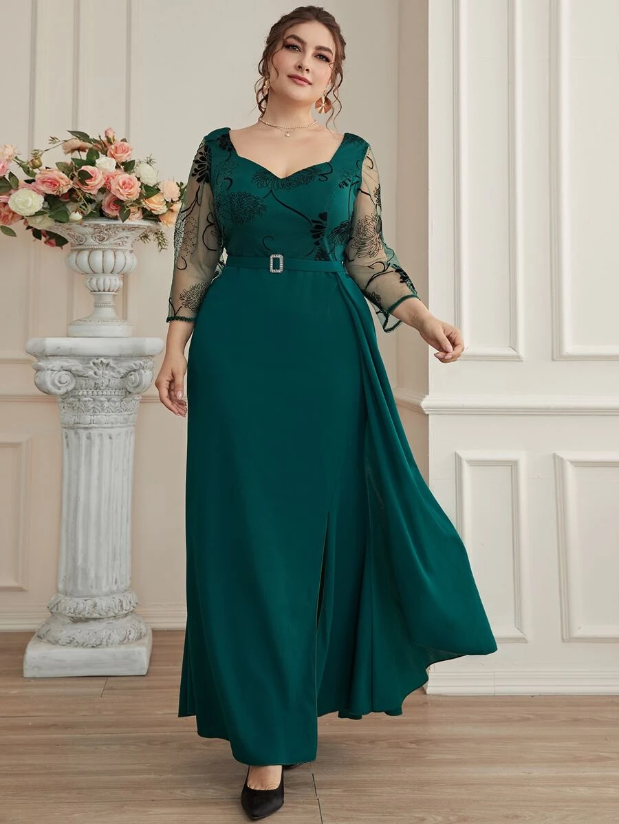 Modelyn Plus Contrast Floral Mesh Sweetheart Neck Rhinestone Decor Dress - Dark Green - View 1