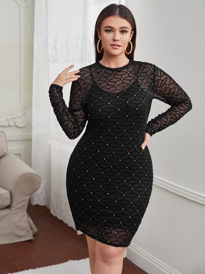 مقاس كبير شبكي هندسي فستان ضيق بدون لباس كامي فستان