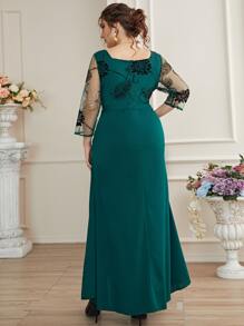 Modelyn Plus Contrast Floral Mesh Sweetheart Neck Rhinestone Decor Dress - Dark Green - View 2
